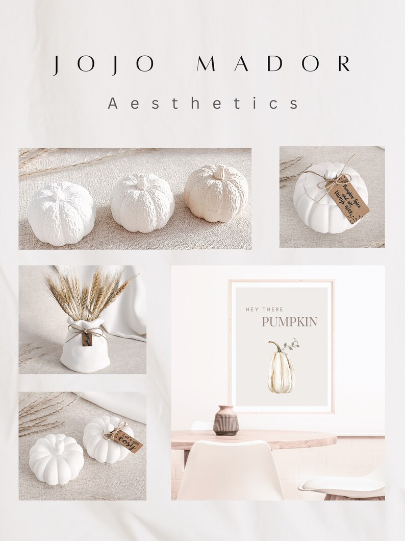 May include: A collection of white ceramic pumpkins with a rustic, farmhouse aesthetic. The pumpkins are decorated with twine and tags that say "Pumpkin Spice" and "Cozy". There is also a print with the text "Hey There Pumpkin" and a watercolor illustration of a pumpkin.