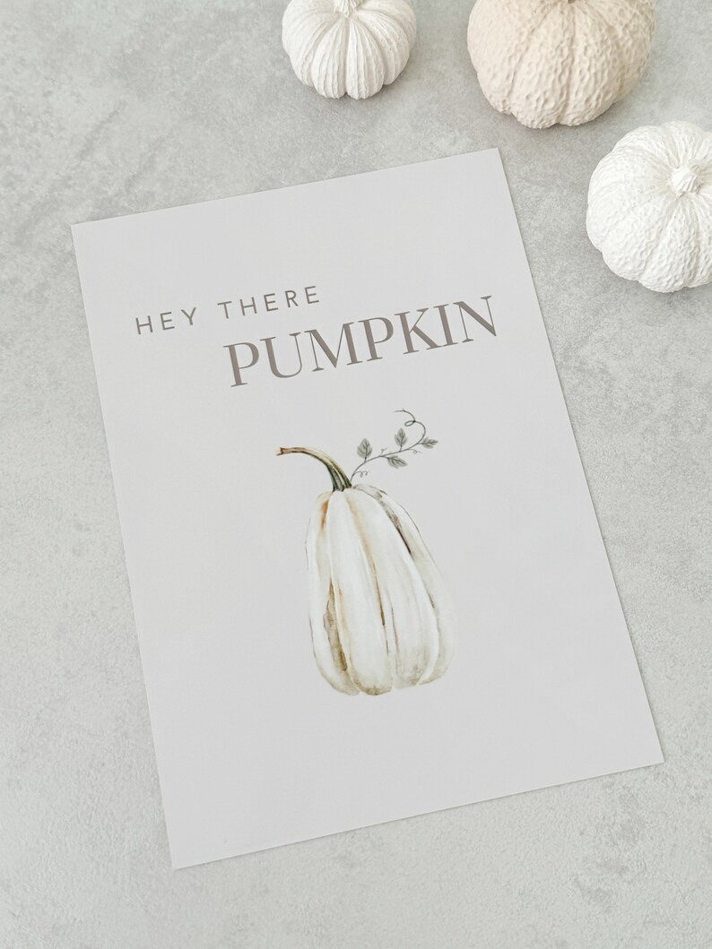 May include: A white printable sign with the text "Hey there pumpkin" and a watercolor illustration of a white pumpkin with green vines.