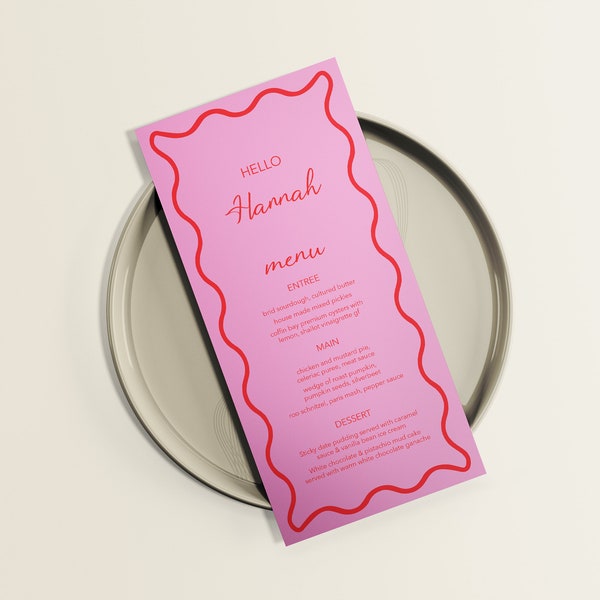 Wavy Pink and Red Menu/Place Card - completely customisable template! Edit all colours and fonts! Both designs in one