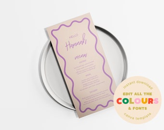 Purple Wavy Menu and Place Card Template - Customizable (Digital Download)
