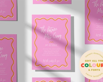 Pink & Orange Wavy Bridal Shower Invitation. Instantly download template and edit on Canva! Modern wavy hens bachelorette Get both designs!