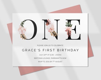 Flower Birthday Invitations, Girl First Birthday, Floral Letters, INSTANT DOWNLOAD