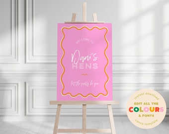 Pink Orange Wavy Hens Welcome Sign, Customizable Template (Digital Download)