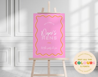 Pink & Orange Wavy Bridal Shower/Hens Welcome Sign. Instant digital and customisable download in both sizes, A1 and A0!