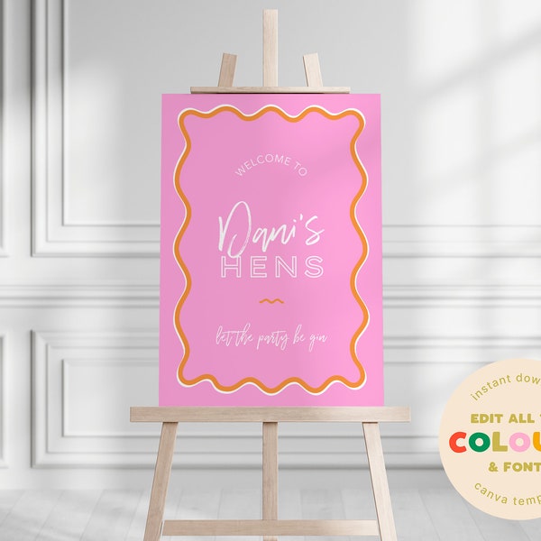 Pink & Orange Wavy Bridal Shower/Hens Welcome Sign. Instant digital and customisable download in both sizes, A1 and A0!