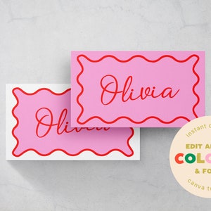 Pink and Red Wavy Place Setting Card - completely customisable template! Edit all colours and fonts and you get both sizes in one!