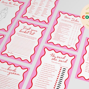 Pink & Red Wavy Hens Party Games | Instant Digital Template | 13 Games | Bachelorette Party