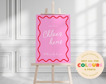 Pink & Red Wavy Bridal Shower/Hens Welcome Sign. Instant digital and customisable download in both sizes, A1 and A0!