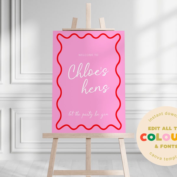 Pink & Red Wavy Bridal Shower/Hens Welcome Sign. Instant digital and customisable download in both sizes, A1 and A0!