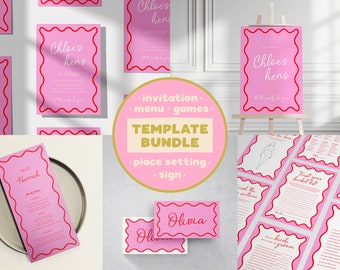 Wavy Party Invitation Template Bundle, Pink & Red (Digital Download)