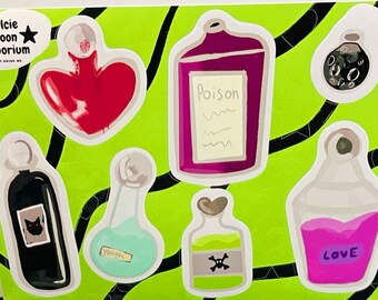 Potion kiss Cut Sticker Sheet (Don't Drink Me) Witches and Spells Sticker Sheet,  Mystery Laptop stickers, Journal stickers, Glass bottles