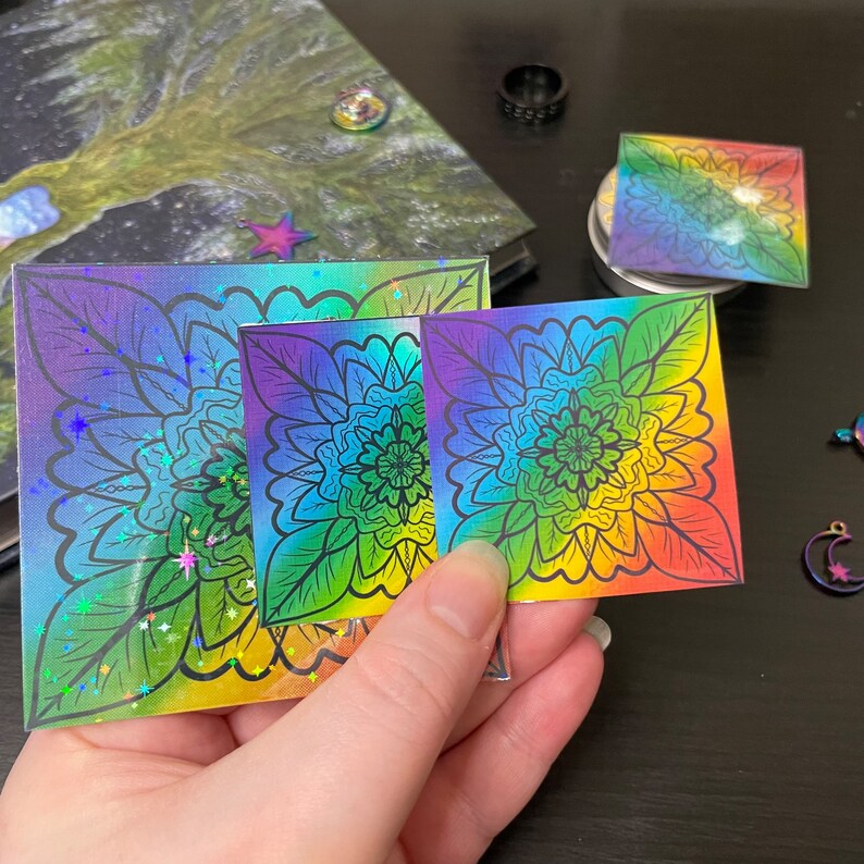 Rainbow flower die cut vinyl stickers, rainbow die cuts, beautiful gift and favours for partys or family gatherings, floral design vinyl Holographic (Small)