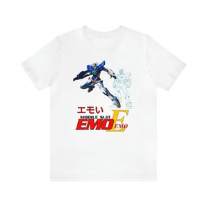 May include: White t-shirt featuring a colorful illustration of a robot in action, with Japanese text and the words "MOBILE SUIT EMO EMO" in red and yellow. A blue outline of a robot is also visible.