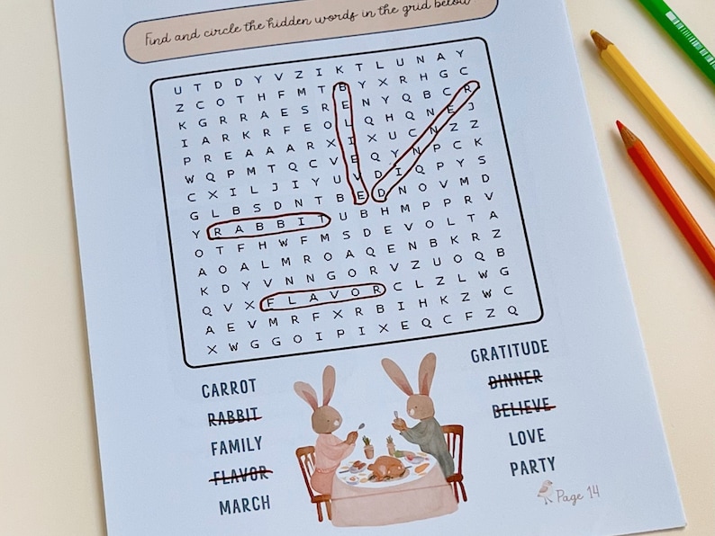 May include: A children's activity page with a word search puzzle and illustrations of rabbits. The word search includes words like "rabbit" and "flavor". Colored pencils are in the background.