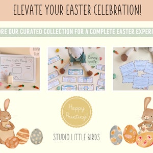 May include: An Easter-themed graphic with the text "Elevate Your Easter Celebration!" and "Explore Our Curated Collection for a Complete Easter Experience!" The image includes illustrations of Easter eggs, bunnies, and printable activities.