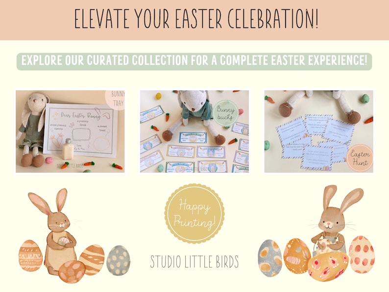 May include: An Easter-themed graphic with the text "Elevate Your Easter Celebration!" and "Explore Our Curated Collection for a Complete Easter Experience!" The image includes illustrations of Easter eggs, bunnies, and printable activities.