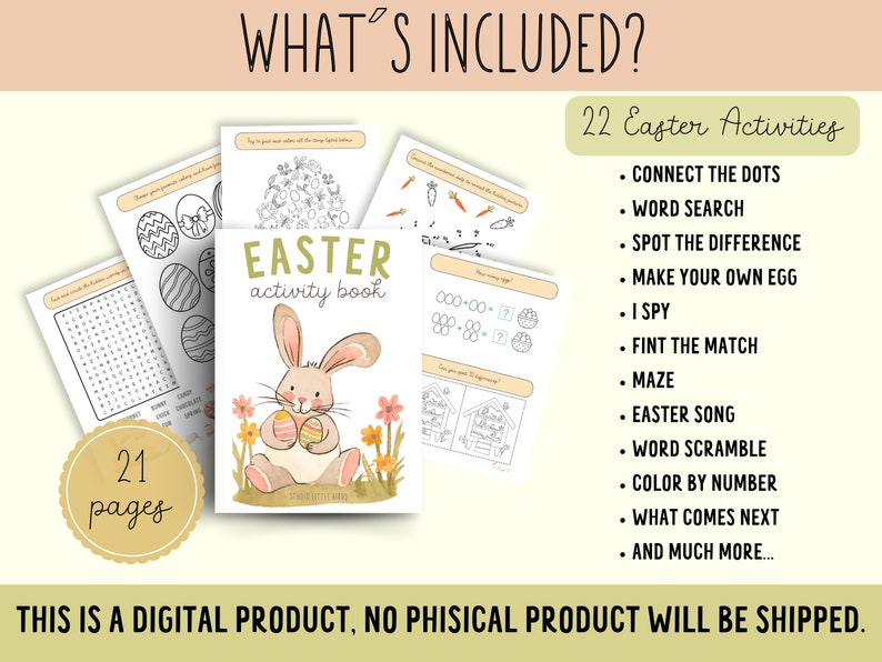 May include: An Easter activity book with a watercolor illustration of a bunny holding Easter eggs. The image includes the text "Easter Activity Book", "21 pages", and a list of 22 activities, such as "Connect the Dots" and "Word Search".
