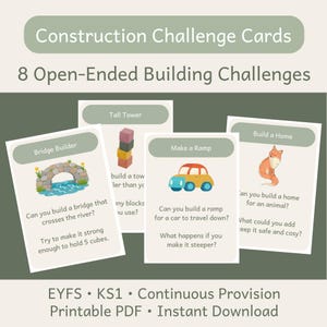 May include: A set of Construction Challenge Cards featuring 8 open-ended building challenges. The cards display illustrations of a stone bridge, a block tower, a toy car, and a fox, with text prompts like Bridge Builder, Tall Tower, and Build a Home.
