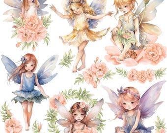 May include: Watercolor illustration of six fairies with wings, each with a different colored dress and wings. The fairies are surrounded by pink flowers and green leaves.