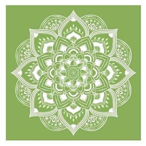May include: A square graphic print featuring a white mandala design centered on a solid light green background. The mandala consists of symmetrical, intricate floral and geometric patterns with layered petals, dots, and curved lines radiating outward.