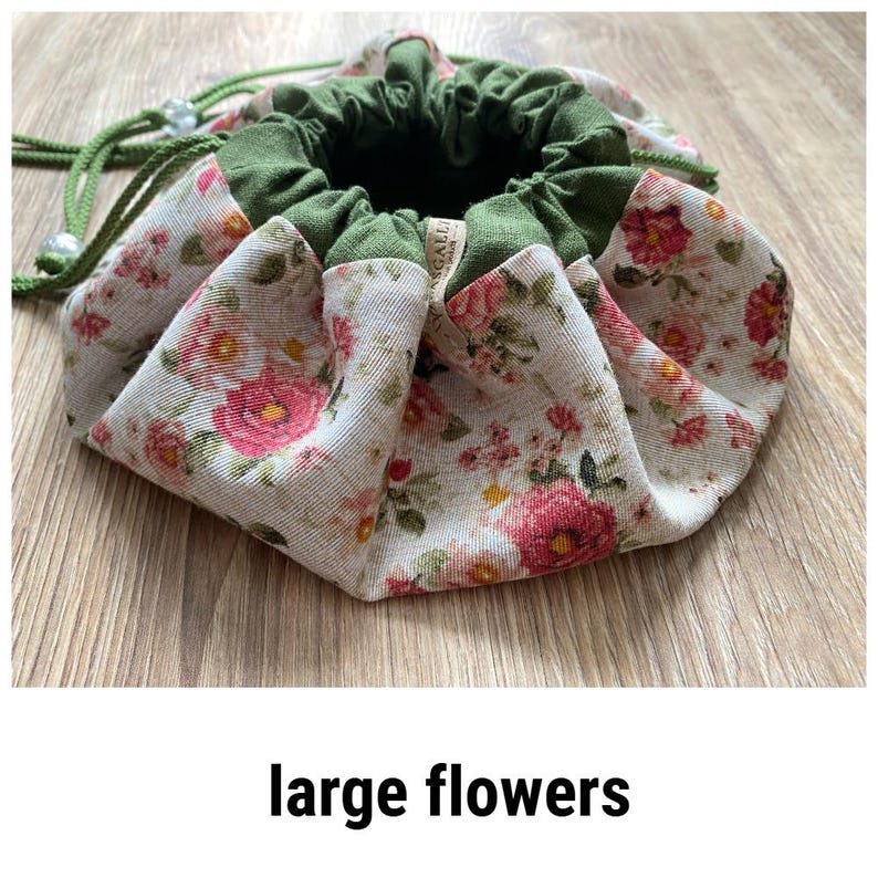 Floral green linen drawstring makeup bag, handmade cosmetic pouch, spacious toiletry bag, soft fabric organizer for travel and daily use