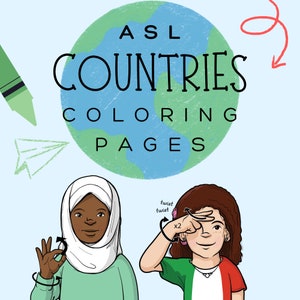 Pu&ograve; includere: Due bambini, uno con una maglietta verde e un foulard bianco in testa, e l'altro con una maglietta verde, bianca e rossa, stanno firmando la parola "paesi" nel linguaggio dei segni americano. La parola "ASL Countries Coloring Pages" &egrave; scritta in nero su un globo terrestre blu e verde.