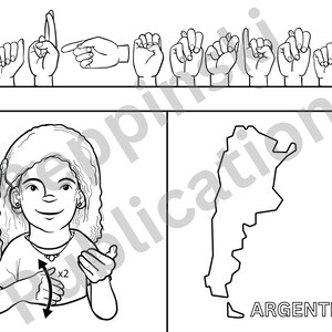 Pu&ograve; includere: Un'illustrazione in bianco e nero di una persona che firma la parola "Argentina" nel linguaggio dei segni americano. L'illustrazione include anche una mappa dell'Argentina con la parola "ARGENTINA" scritta sotto.