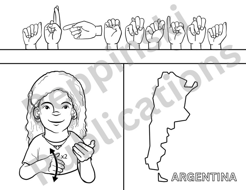 Pu&ograve; includere: Un'illustrazione in bianco e nero di una persona che firma la parola "Argentina" nel linguaggio dei segni americano. L'illustrazione include anche una mappa dell'Argentina con la parola "ARGENTINA" scritta sotto.