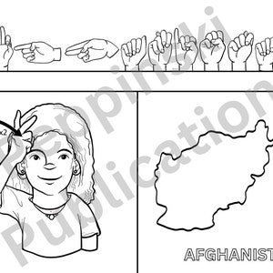 Pu&ograve; includere: Un'illustrazione in bianco e nero di una persona che firma la parola "Afghanistan" nel linguaggio dei segni americano. Il segno &egrave; mostrato due volte, con una freccia che punta al secondo segno. L'illustrazione include anche un contorno in bianco e nero del paese dell'Afghanistan con la parola "Afghanistan" scritta sotto.