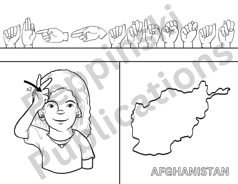 Pu&ograve; includere: Un'illustrazione in bianco e nero di una persona che firma la parola "Afghanistan" nel linguaggio dei segni americano. Il segno &egrave; mostrato due volte, con una freccia che punta al secondo segno. L'illustrazione include anche un contorno in bianco e nero del paese dell'Afghanistan con la parola "Afghanistan" scritta sotto.