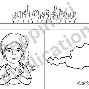 Pu&ograve; includere: Illustrazione in bianco e nero di un disegno a linea che rappresenta il linguaggio dei segni per la parola "Austria". Il linguaggio dei segni &egrave; mostrato con due mani. La mano sinistra &egrave; tenuta a pugno con il pollice esteso e la mano destra &egrave; tenuta a pugno con l'indice esteso. Il linguaggio dei segni &egrave; mostrato con la mano sinistra tenuta davanti al petto e la mano destra tenuta davanti alla mano sinistra. Il linguaggio dei segni &egrave; mostrato con la mano destra che si muove avanti e indietro in un movimento di dondolio. L'illustrazione mostra anche un disegno a linea in bianco e nero di una persona che firma la parola "Austria". La persona &egrave; mostrata con le mani nella stessa posizione dell'illustrazione del linguaggio dei segni. La persona &egrave; mostrata con la testa inclinata di lato e la bocca leggermente aperta. L'illustrazione mostra anche un disegno a linea in bianco e nero del contorno dell'Austria. Il contorno dell'Austria &egrave; mostrato con i confini del paese chiaramente visibili. La parola "Austria" &egrave; scritta sotto il contorno dell'Austria.