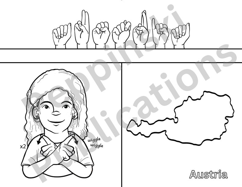 Pu&ograve; includere: Illustrazione in bianco e nero di un disegno a linea che rappresenta il linguaggio dei segni per la parola "Austria". Il linguaggio dei segni &egrave; mostrato con due mani. La mano sinistra &egrave; tenuta a pugno con il pollice esteso e la mano destra &egrave; tenuta a pugno con l'indice esteso. Il linguaggio dei segni &egrave; mostrato con la mano sinistra tenuta davanti al petto e la mano destra tenuta davanti alla mano sinistra. Il linguaggio dei segni &egrave; mostrato con la mano destra che si muove avanti e indietro in un movimento di dondolio. L'illustrazione mostra anche un disegno a linea in bianco e nero di una persona che firma la parola "Austria". La persona &egrave; mostrata con le mani nella stessa posizione dell'illustrazione del linguaggio dei segni. La persona &egrave; mostrata con la testa inclinata di lato e la bocca leggermente aperta. L'illustrazione mostra anche un disegno a linea in bianco e nero del contorno dell'Austria. Il contorno dell'Austria &egrave; mostrato con i confini del paese chiaramente visibili. La parola "Austria" &egrave; scritta sotto il contorno dell'Austria.