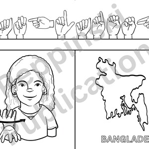 Pu&ograve; includere: Un'illustrazione in bianco e nero di una persona che firma la parola "Bangladesh" nel linguaggio dei segni. L'illustrazione include anche una mappa del Bangladesh con la parola "Bangladesh" scritta sotto.