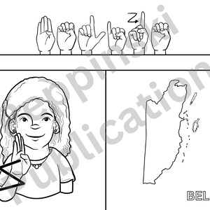 Pu&ograve; includere: Illustrazione in bianco e nero della lettera Z dell'alfabeto dei segni. La lettera Z si forma estendendo l'indice della mano dominante verso l'alto, mentre le altre dita sono chiuse. Il segno &egrave; mostrato da una persona con i capelli ricci. L'illustrazione include anche un contorno in bianco e nero del paese del Belize.