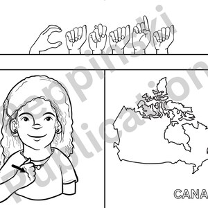 Pu&ograve; includere: Disegno in bianco e nero di una persona che firma la parola "Canada" nel linguaggio dei segni americano. La persona sta firmando la parola "Canada" con la mano destra. La parola "Canada" &egrave; scritta in lettere bianche e nere sotto l'immagine. L'immagine &egrave; su uno sfondo bianco.