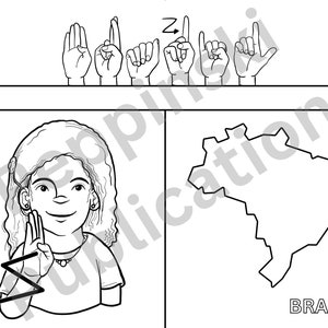 Pu&ograve; includere: Un'illustrazione in bianco e nero di una persona che firma la parola "Brasile" nel linguaggio dei segni americano. Il segno &egrave; fatto con la mano sinistra, il palmo rivolto verso il firmatario, con l'indice esteso e le altre dita ricurve. La mano destra &egrave; tenuta a pugno con il pollice esteso e puntato verso la mano sinistra. L'illustrazione include anche un contorno in bianco e nero del paese del Brasile.