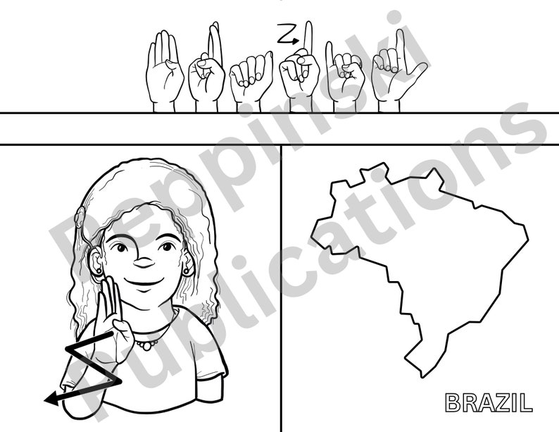 Pu&ograve; includere: Un'illustrazione in bianco e nero di una persona che firma la parola "Brasile" nel linguaggio dei segni americano. Il segno &egrave; fatto con la mano sinistra, il palmo rivolto verso il firmatario, con l'indice esteso e le altre dita ricurve. La mano destra &egrave; tenuta a pugno con il pollice esteso e puntato verso la mano sinistra. L'illustrazione include anche un contorno in bianco e nero del paese del Brasile.