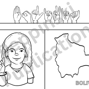 Pu&ograve; includere: Un'illustrazione in bianco e nero di una persona che firma la parola "Bolivia" nella lingua dei segni italiana. L'illustrazione include anche una mappa della Bolivia con la parola "Bolivia" scritta sotto.