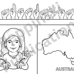 Pu&ograve; includere: Un'illustrazione in bianco e nero di una persona che firma la parola "Australia" nella lingua dei segni italiana. Il segno &egrave; mostrato con frecce che indicano la direzione del movimento. La parola "Australia" &egrave; scritta sotto un contorno in bianco e nero del continente australiano.