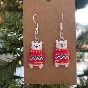 Hypoallergenic Polar Bears in Sweaters Dangle Earrings - Christmas Gifts for Girls and Women - Stocking Stuffer