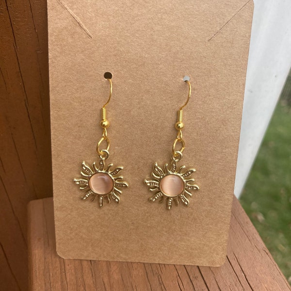 Hypoallergenic Drops of Sunshine Earrings -  Dangle Sun Earrings - Pink, Clear, and Green Sun Centers