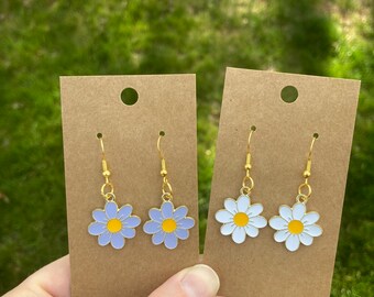 Hypoallergenic Drops of Daisies - White and Purple Daisy Dangle Earrings - Mother’s Day Gifts - Gifts for Women - Spring Earrings