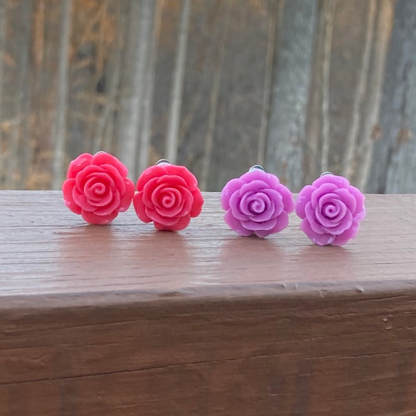 Pink and Purple Large Rose Clip - One - Clip on Earrings for Girls and Women