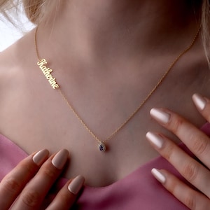 14k Gold Plated Name Necklace with Teardrop Baguette Gem – Personalized Pendant Jewelry, Custom Gift for Women
