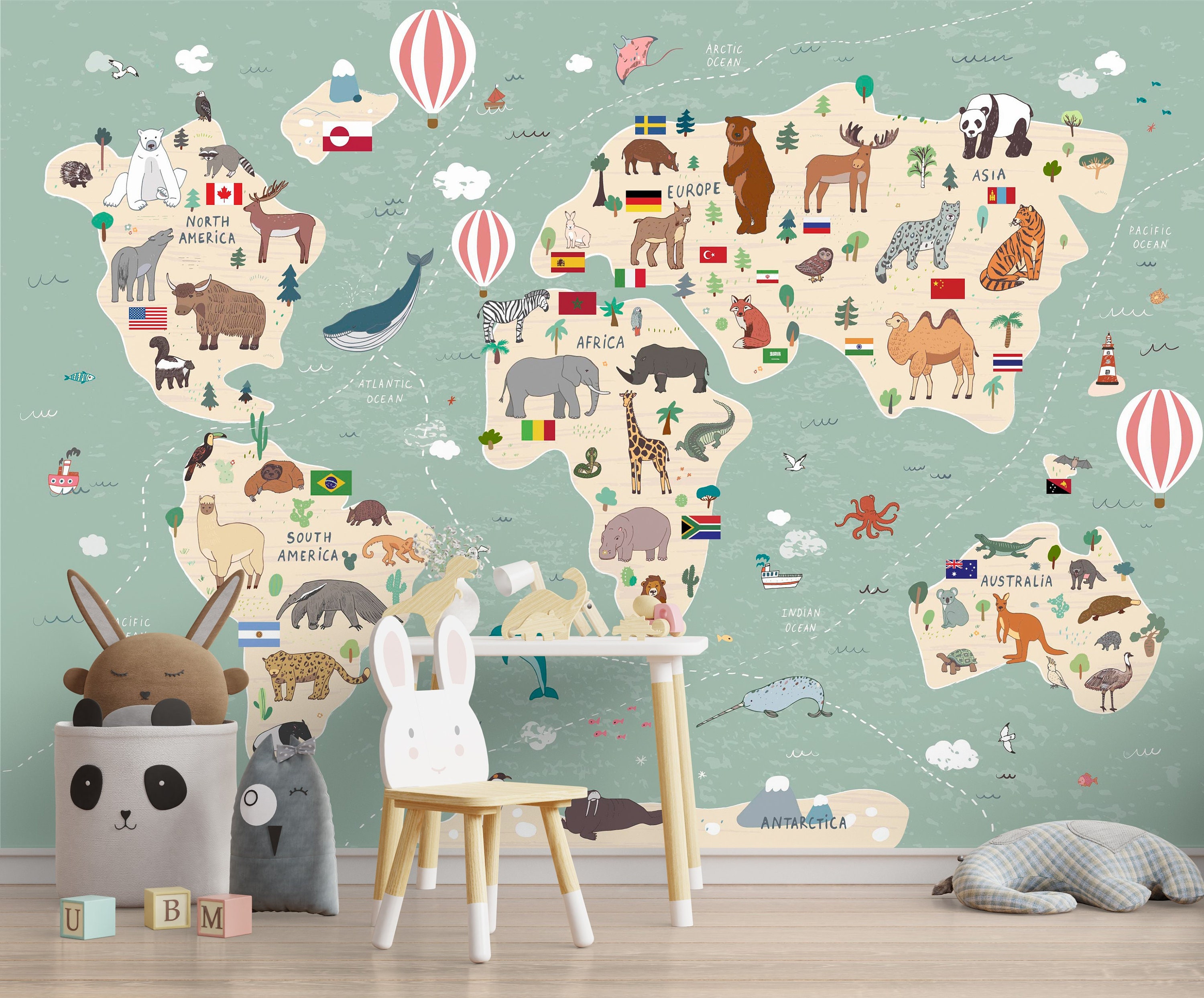 Kids Map Wallpaper World Famous Icons Animals Wall Mural - Etsy Kids Map Wallpaper World Famous Icons Animals Wall Mural - Etsy