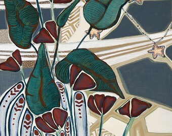 May include: An abstract painting featuring stylized flowers with burgundy petals and teal leaves. The background has geometric shapes in white, gray, and tan, with starfish-shaped ornaments hanging from lines.