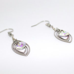 Third Eye, Silver w/ Rainbow Crystal, spinner earrings, 360 spinner earrings, drop earrings, leaf, tear drop, petal shape, witch, halloween
