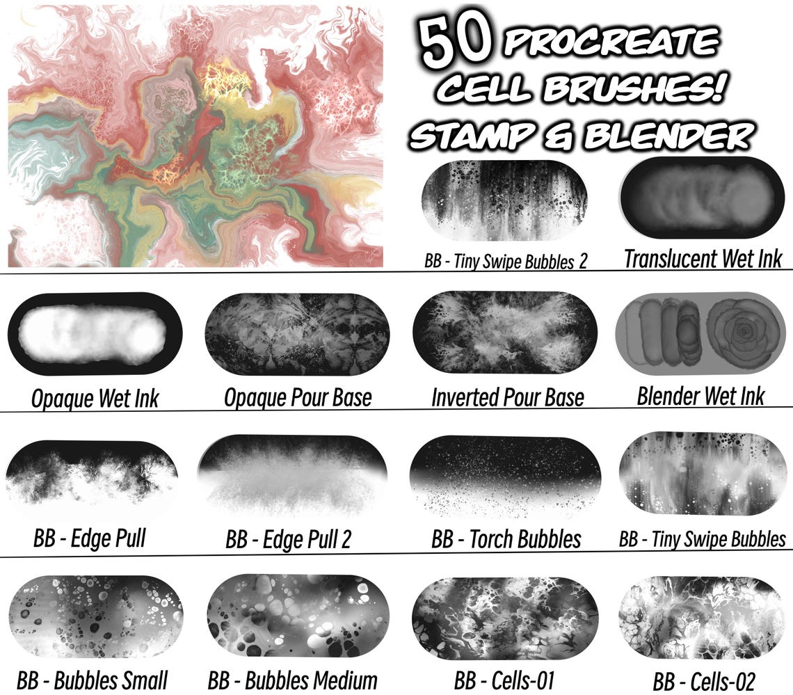 Dynamic Cell Brushes 50 Procreate Cell Brushes, Stamp Cell Brushes, Blender Cell Brushes ...