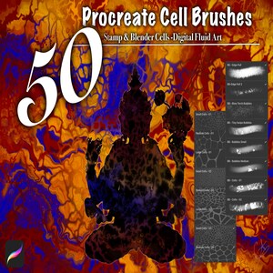 Peut inclure: Une illustration numérique d'un fond abstrait coloré avec une silhouette d'une personne assise en position de méditation. L'image comprend le texte "Procreate Cell Brushes" et "50". L'image montre également un aperçu de 50 pinceaux en forme de cellules différents pour l'application Procreate.