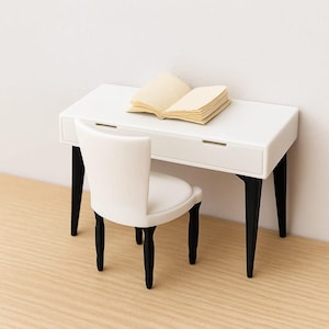 Miniature Study Desk and Chair, 1 12 Scale Study Desk + Chair Set, Miniature Writing Desk, Computer Desk for Doll, School Desk for Dollhouse